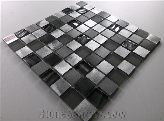 Square Glass Mix Aluminum Mosaic Black and Silver Mesh Mounted Tile