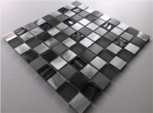 Square Glass Mix Aluminum Mosaic Black and Silver Mesh Mounted Tile