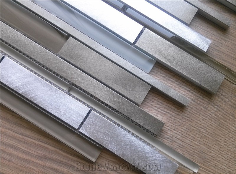 Strip Aluminum Metal Mix Glass Mosaic Tile Random Brick Mesh Mounted