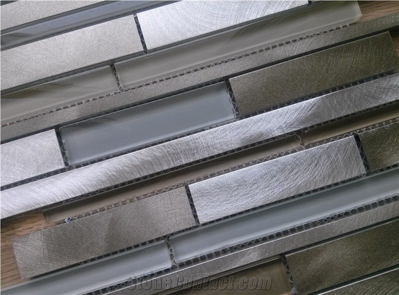 Strip Aluminum Metal Mix Glass Mosaic Tile Random Brick Mesh Mounted