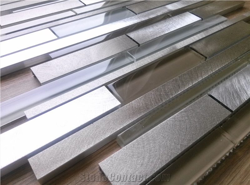 Strip Aluminum Metal Mix Glass Mosaic Tile Random Brick Mesh Mounted