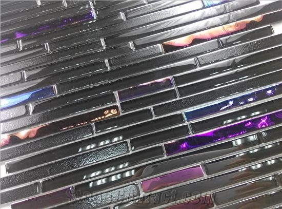 Strip Rainbow Random Brick Black Glass Mosaic Tile