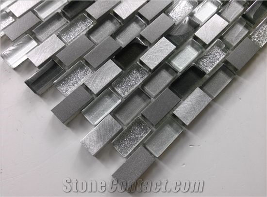 Strip Random Brick Mesh Mounted Glass Mix Aluminum Mosaic Tile