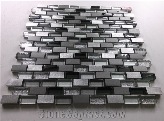 Strip Random Brick Mesh Mounted Glass Mix Aluminum Mosaic Tile