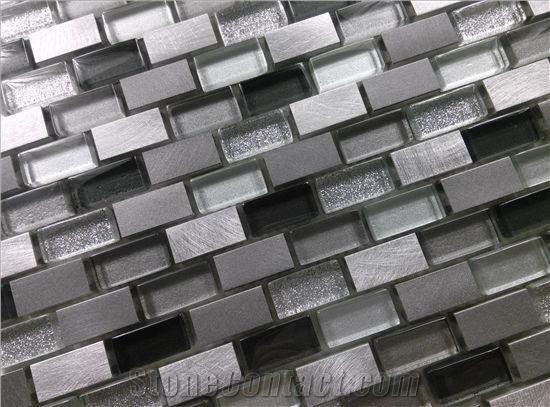 Strip Random Brick Mesh Mounted Glass Mix Aluminum Mosaic Tile