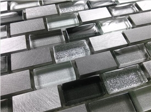 Strip Random Brick Mesh Mounted Glass Mix Aluminum Mosaic Tile