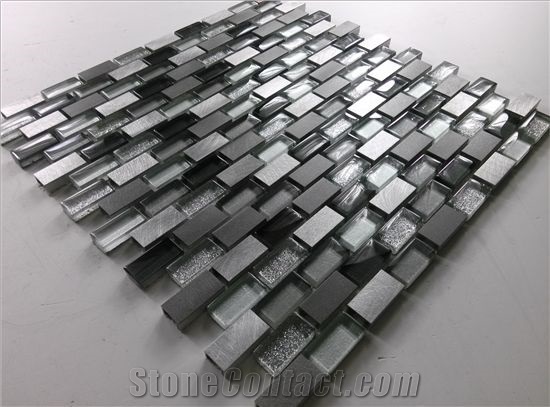 Strip Random Brick Mesh Mounted Glass Mix Aluminum Mosaic Tile