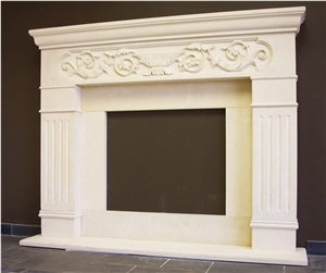 Beige Limestone Flower Carving Villa Furniture Fireplace Mantel with Column Sculptured Design