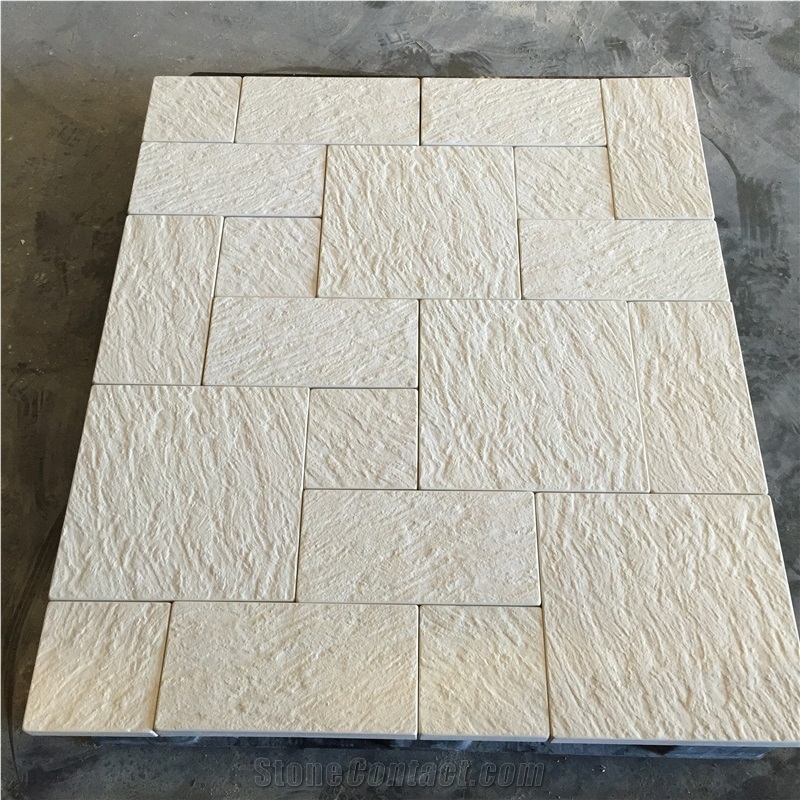 Beige Limestone Grooved Pattern Tile Floor Paving Panel,Cream Seashell Coral Stone Step Covering
