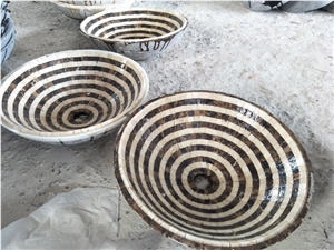 Dark Emperador Marble Mosaic Sinks, River Stone Wash Basin Dark Emperador Marble Mosaic Sinks, River Stone Wash Basin
