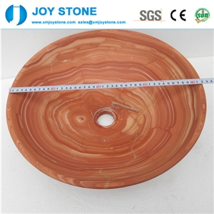 Cheap Polished Round Red Wood Grain Marble Washroom Bowl Basin Sink