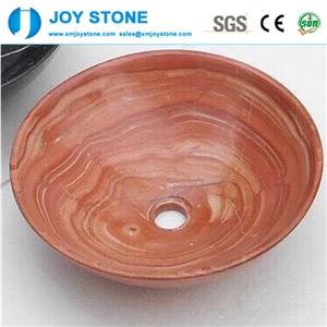 Polished Hand Made Red Wood Grain Marble Bowl Shape Bathroom Sink