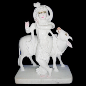 White Marble Krishna Statues with Gau