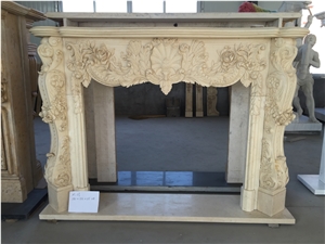 Beige Limestone Flower Handcarved Fireplace Mantel / Fireplace Hearth