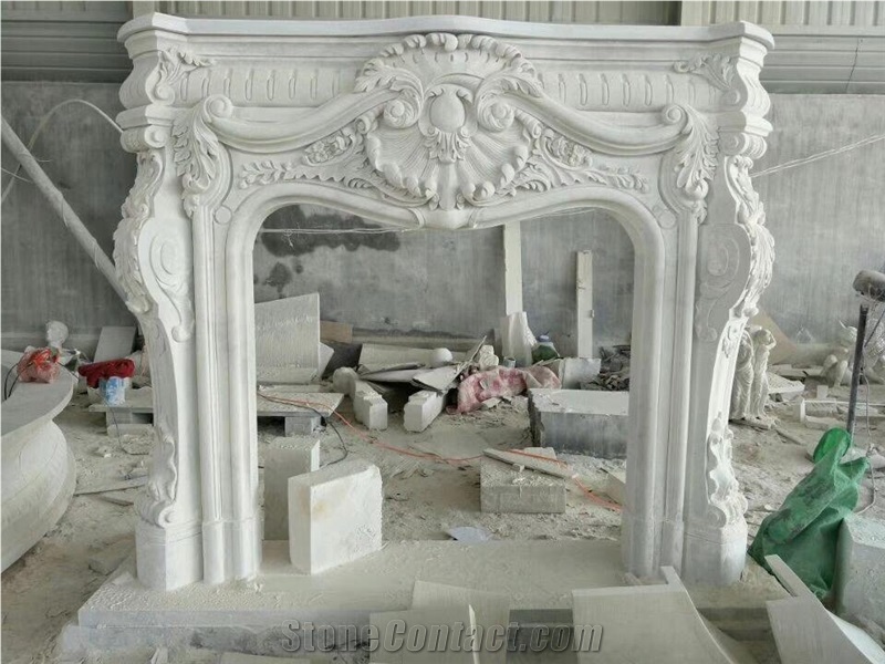 Sculptured Marble Stone Fireplace Modern Style White Marble Fireplace