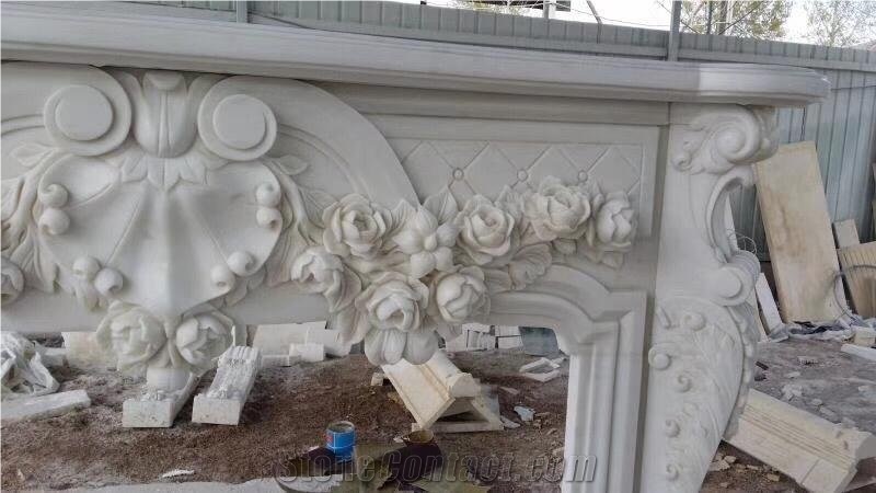 Sculptured Marble Stone Fireplace Modern Style White Marble Fireplace