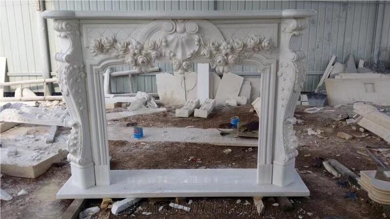 Sculptured Marble Stone Fireplace Modern Style White Marble Fireplace
