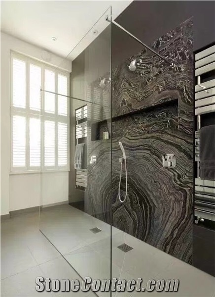 China Black Forest Ancient Wood Silver Wave Vein Marble Slab Floor Use