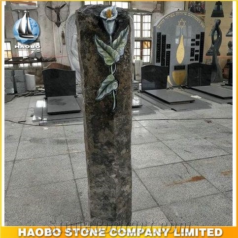 Basalt Stone Headstone with Lily Flower Carving Gravestone