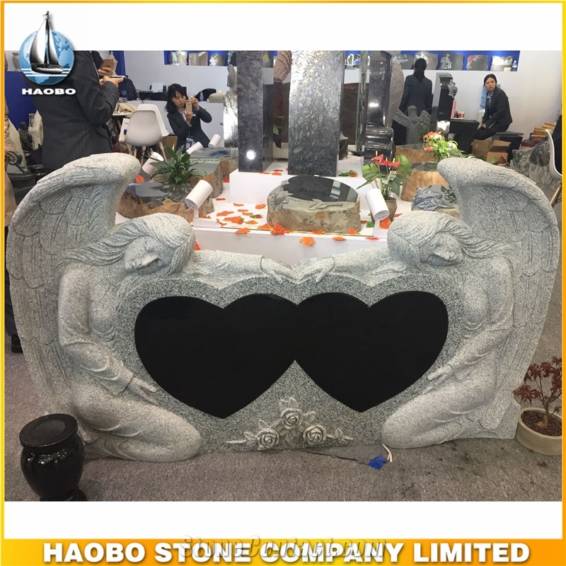 European Style Monument Double Heart Shaped with Angel Gravestone