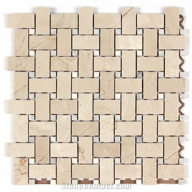 Crema Marfil Marble Mosaic Tile Basketweave with Dark Emperador Dot