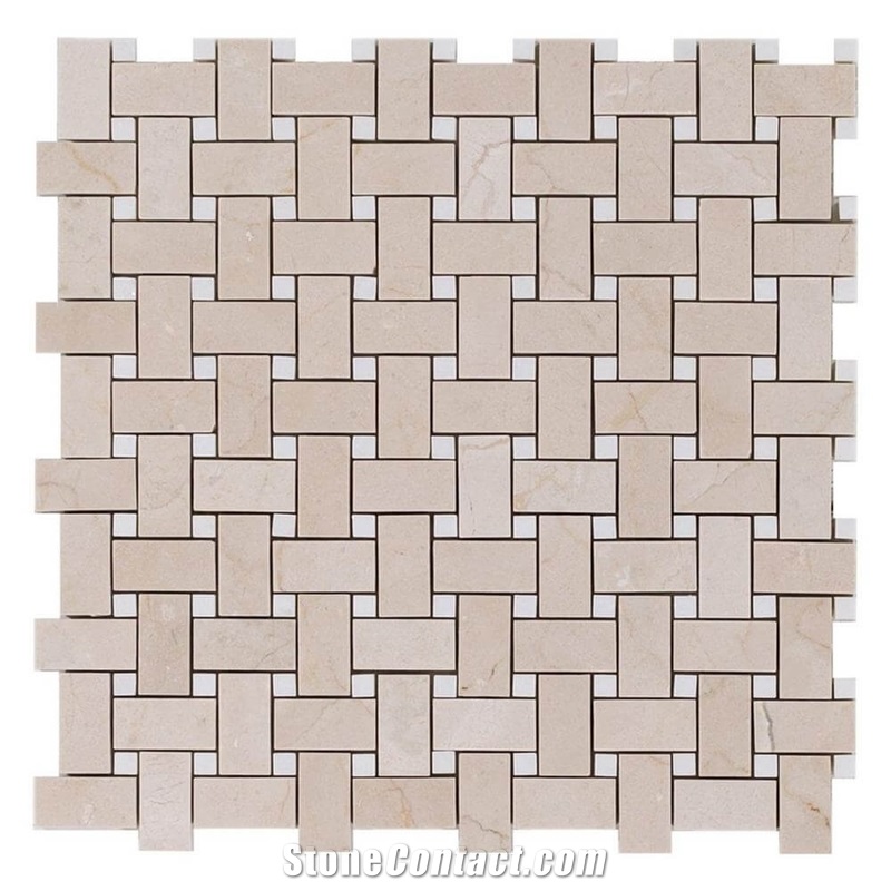 Crema Marfil Marble Mosaic Tile Basketweave with Dark Emperador Dot