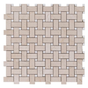 Crema Marfil Marble Mosaic Tile Basketweave with Dark Emperador Dot