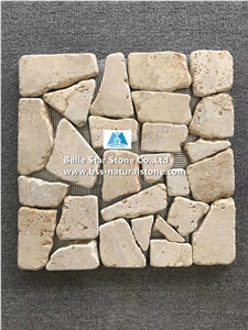 Beige Travertine Chiped Small Flagstone,Meshed Patio Walkway Pavers,Paver Set