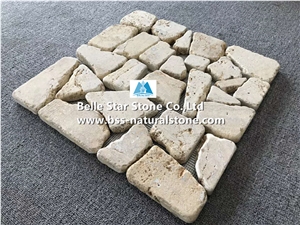 Beige Travertine Chiped Small Flagstone,Meshed Patio Walkway Pavers,Paver Set