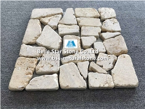 Beige Travertine Chiped Small Flagstone,Meshed Patio Walkway Pavers,Paver Set