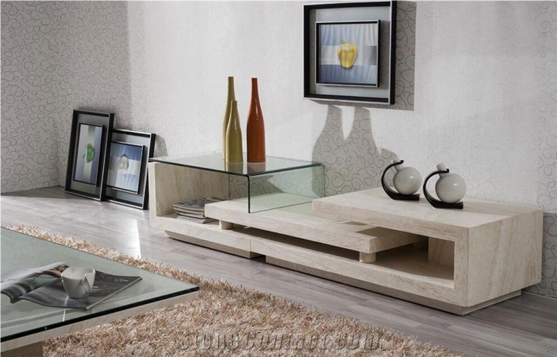 Brown Travertine Tv Stand Table Living Room Stone Furniture,Modern Style