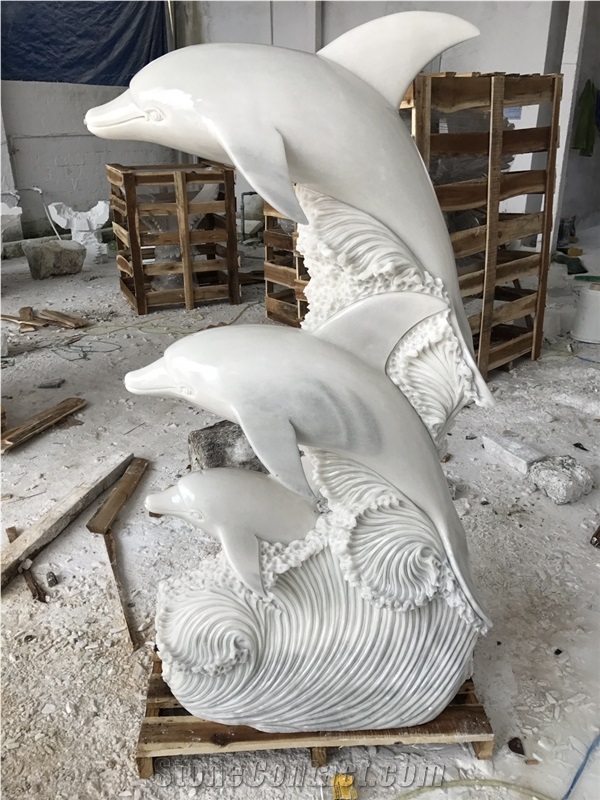 Hand Carved Marble Dolphin, Stone Sculpture