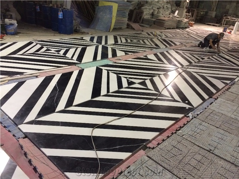 Carrara White and Black Marquina Marble Waterjet Medallions Floor Tile