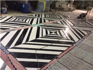 Carrara White and Black Marquina Marble Waterjet Medallions Floor Tile Carrara White and Black Marquina Marble Waterjet Medallions Floor Tile