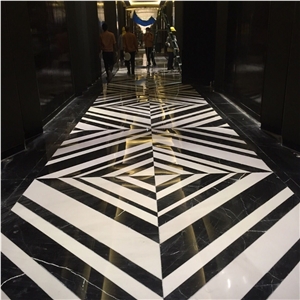 Carrara White and Black Marquina Marble Waterjet Medallions Floor Tile