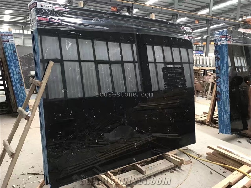 Barcelona Black Ice Black Marble Slab A& Tiles Polihsed