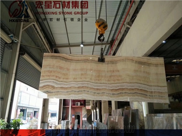 China Beige Onyx Slabs&Tiles Colorful Bookmatch Straight Grey Veins