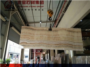 China Beige Onyx Slabs&Tiles Colorful Bookmatch Straight Grey Veins