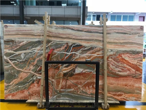 Polished Backlit Rainbow Onyx Red Color with Grey Veins Bookmatched
