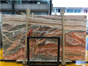 Polished Backlit Rainbow Onyx Red Color with Grey Veins Bookmatched