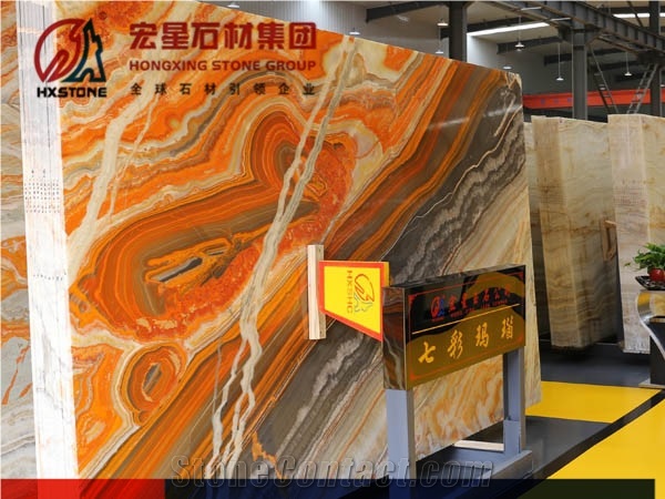 Polished Backlit Rainbow Onyx Red Color with Grey Veins Bookmatched