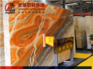 Polished Backlit Rainbow Onyx Red Color with Grey Veins Bookmatched