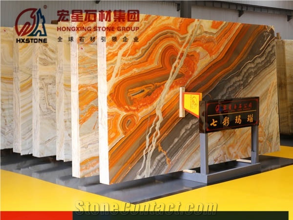 Polished Backlit Rainbow Onyx Red Color with Grey Veins Bookmatched
