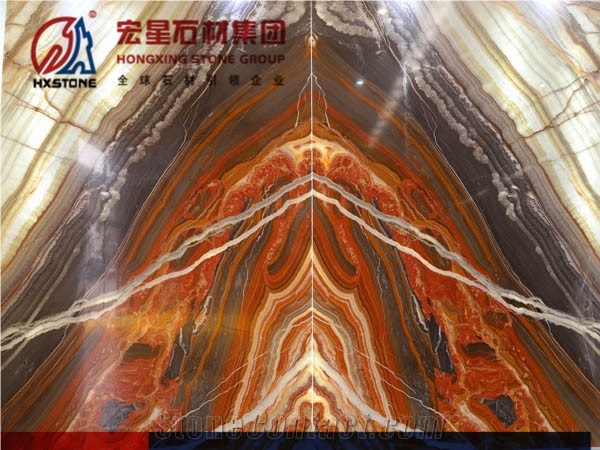 Polished Backlit Rainbow Onyx Red Color with Grey Veins Bookmatched