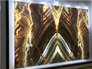 Polished Backlit Rainbow Onyx Red Color with Grey Veins Bookmatched