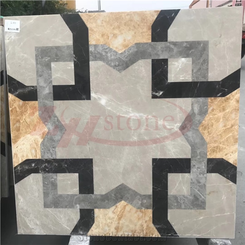 Amber Gold Marble Hermezs Grey Waterjet Square Inlayed Medallion