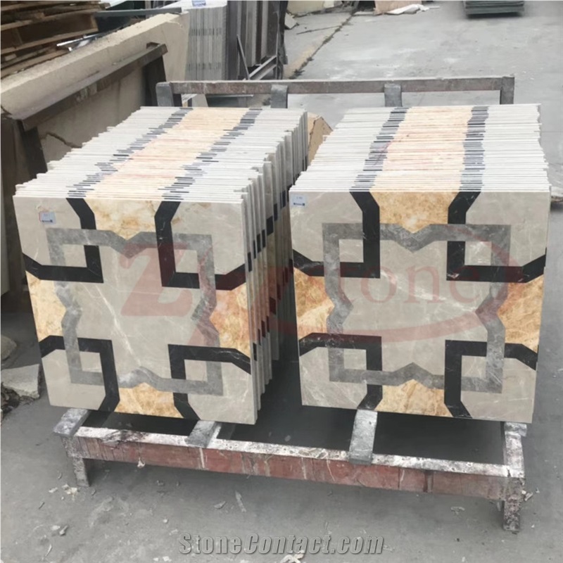 Amber Gold Marble Hermezs Grey Waterjet Square Inlayed Medallion