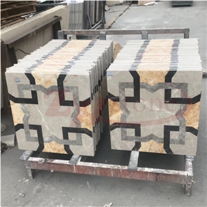 Amber Gold Marble Hermezs Grey Waterjet Square Inlayed Medallion