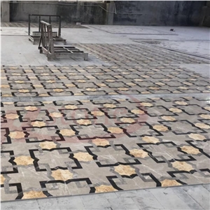 Amber Gold Marble Hermezs Grey Waterjet Square Inlayed Medallion