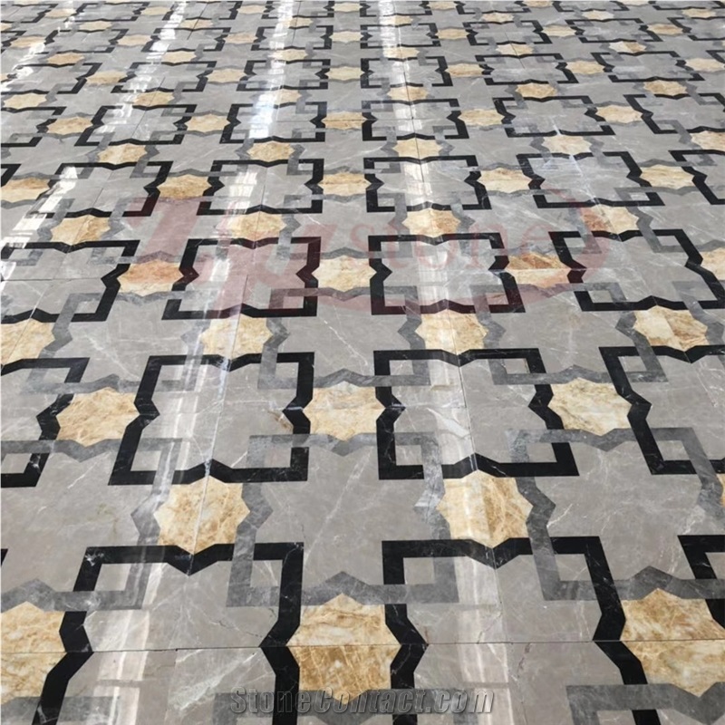 Amber Gold Marble Hermezs Grey Waterjet Square Inlayed Medallion